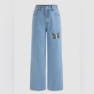 Butterfly cutout rhinestone jeans